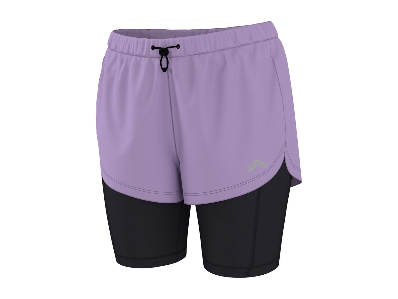 Women's lilac and black 2-in-1 running shorts with an elastic waistband.