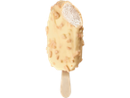 Um pedaço de um sorvete de chocolate branco com nozes em um palito de madeira.