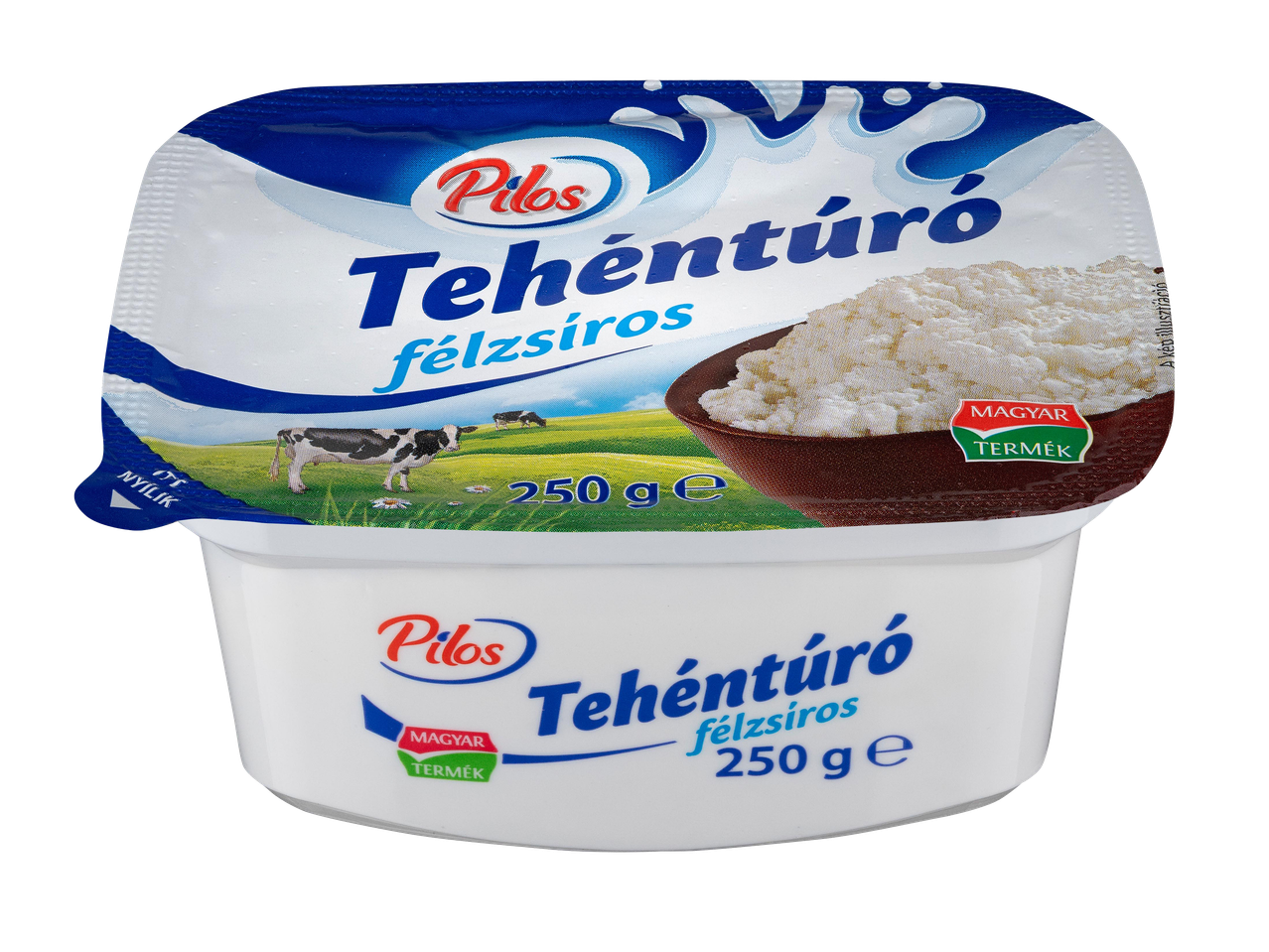 Túró félzsíros, 250g-os kiszerelésben, magyar termék logóval.