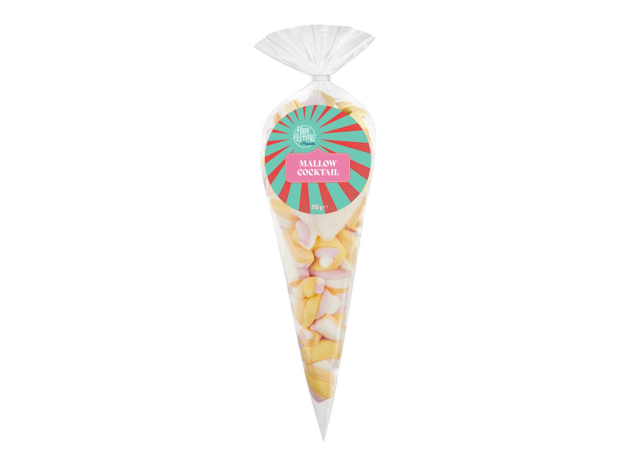 Прозрачен плик с разноцветни бонбони маршмелоу, с етикет „Mallow Cocktail“ и 250 g.