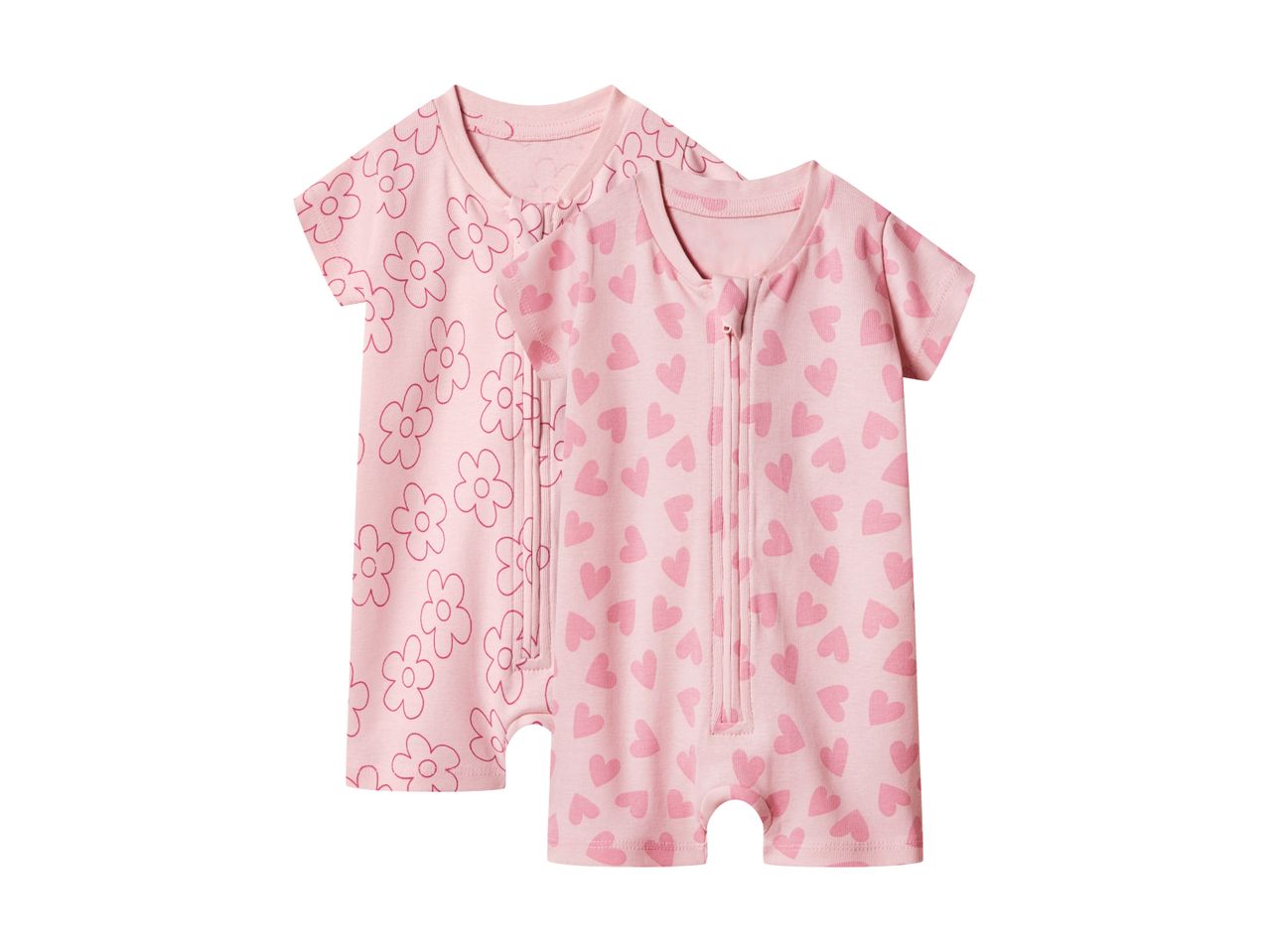 Two pink baby rompers, one with flower print and one with heart print, both with short sleeves.