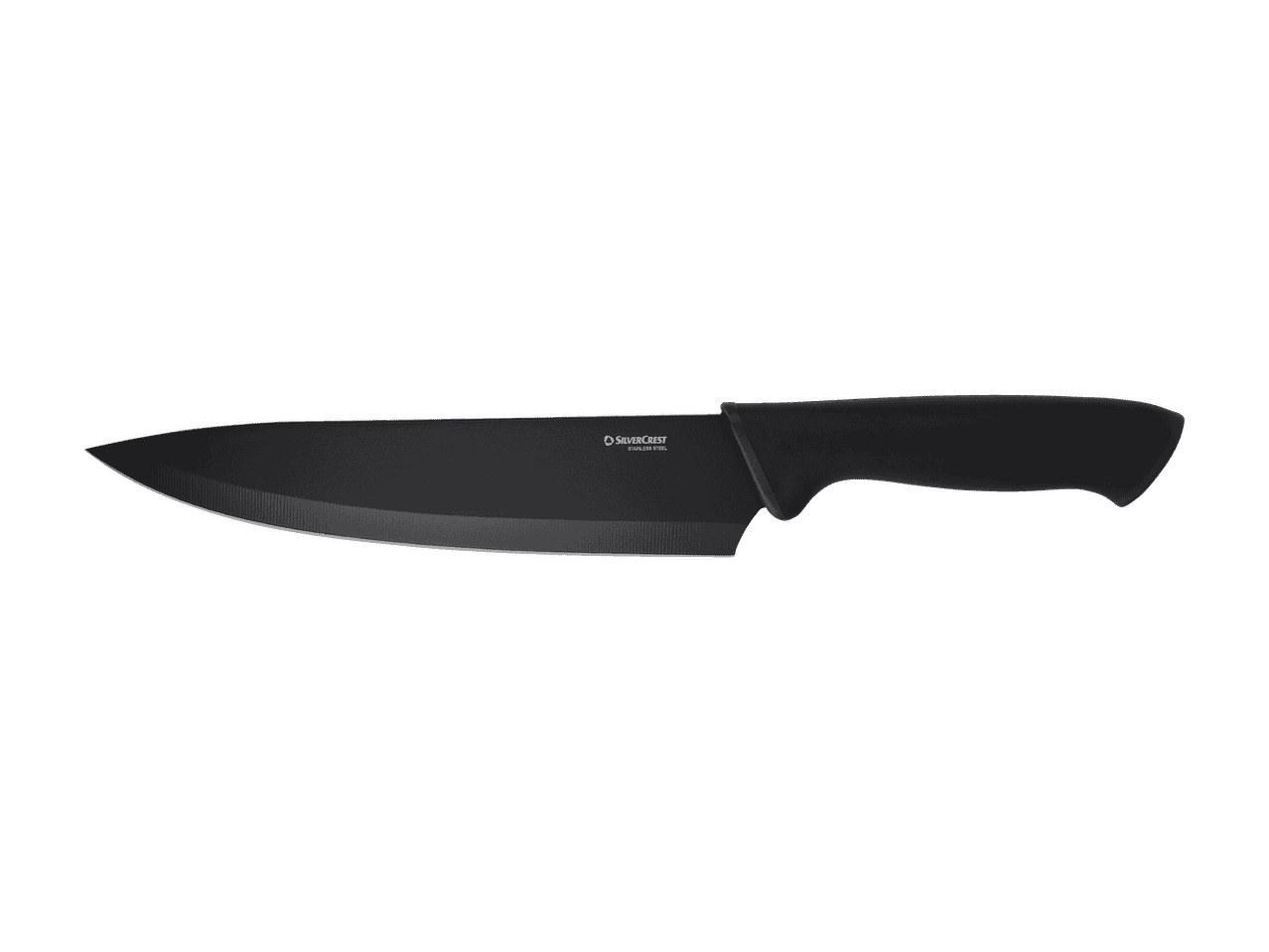 Sort kokkekniv i rustfrit stål med et ergonomisk håndtag.
