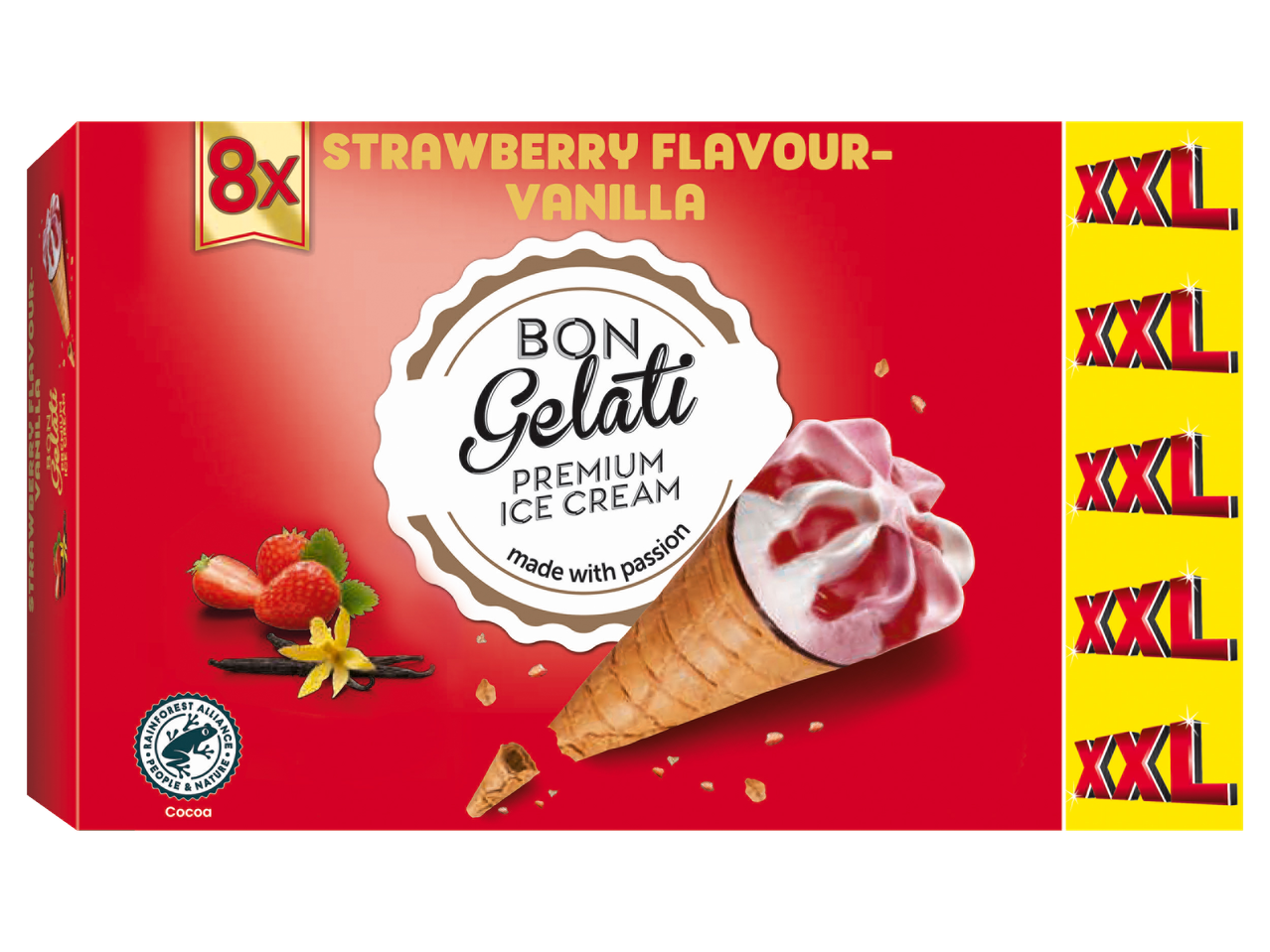 8 cones de gelado Bon Gelati XXL, sabor morango-baunilha.