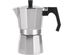 SILVERCREST espreso kavinukas, sidabro spalvos moka puodas su juoda rankena.