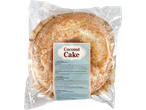 Kokosų pyragas permatomoje pakuotėje su etikete, kurioje nurodyta produkto informacija.