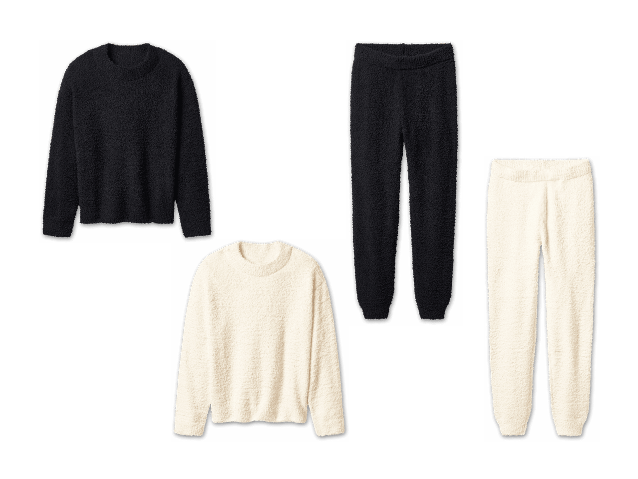 Zwei flauschige Pullover und zwei Jogginghosen in Schwarz und Creme.
