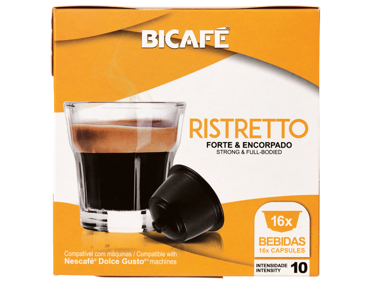 Caixa de cápsulas de café Bicafé Ristretto para máquinas Nescafé Dolce Gusto.