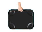 Hand holding a black and blue hard-shell suitcase.