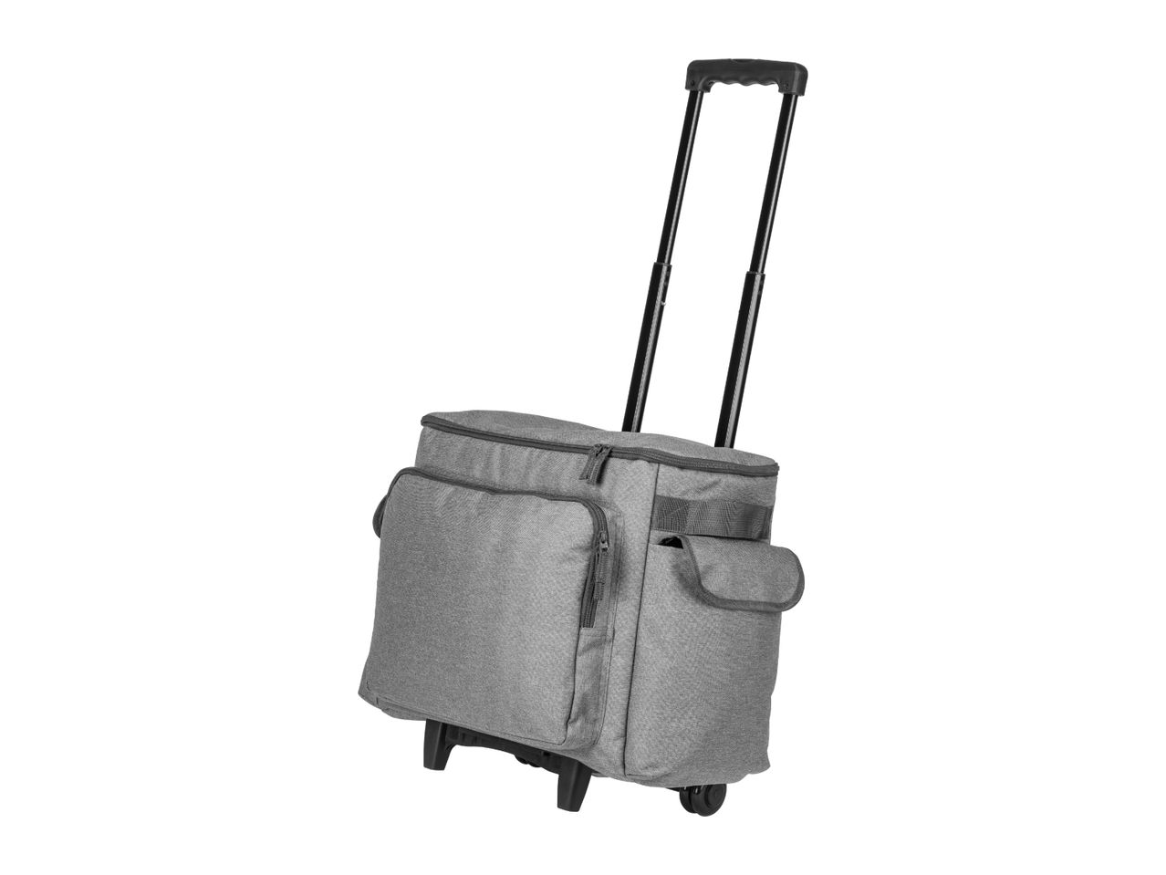 Grey rolling cooler bag with an extended telescopic handle