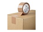 Brown packing tape on a cardboard box, sealing it shut.