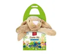 Plush bunny holding an Easter chocolate mix box with a lamb and bunny design.