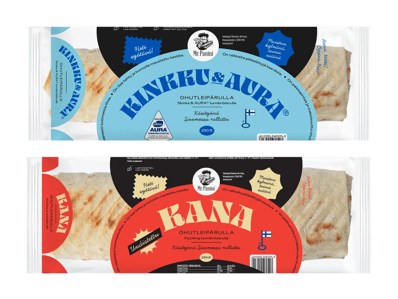 Kaksi pakkausta ohuita leipärullia, toinen kinkku-aura-täytteellä ja toinen kana-täytteellä.