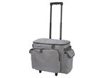 Gray rolling craft tote with an extendable handle and multiple pockets.
