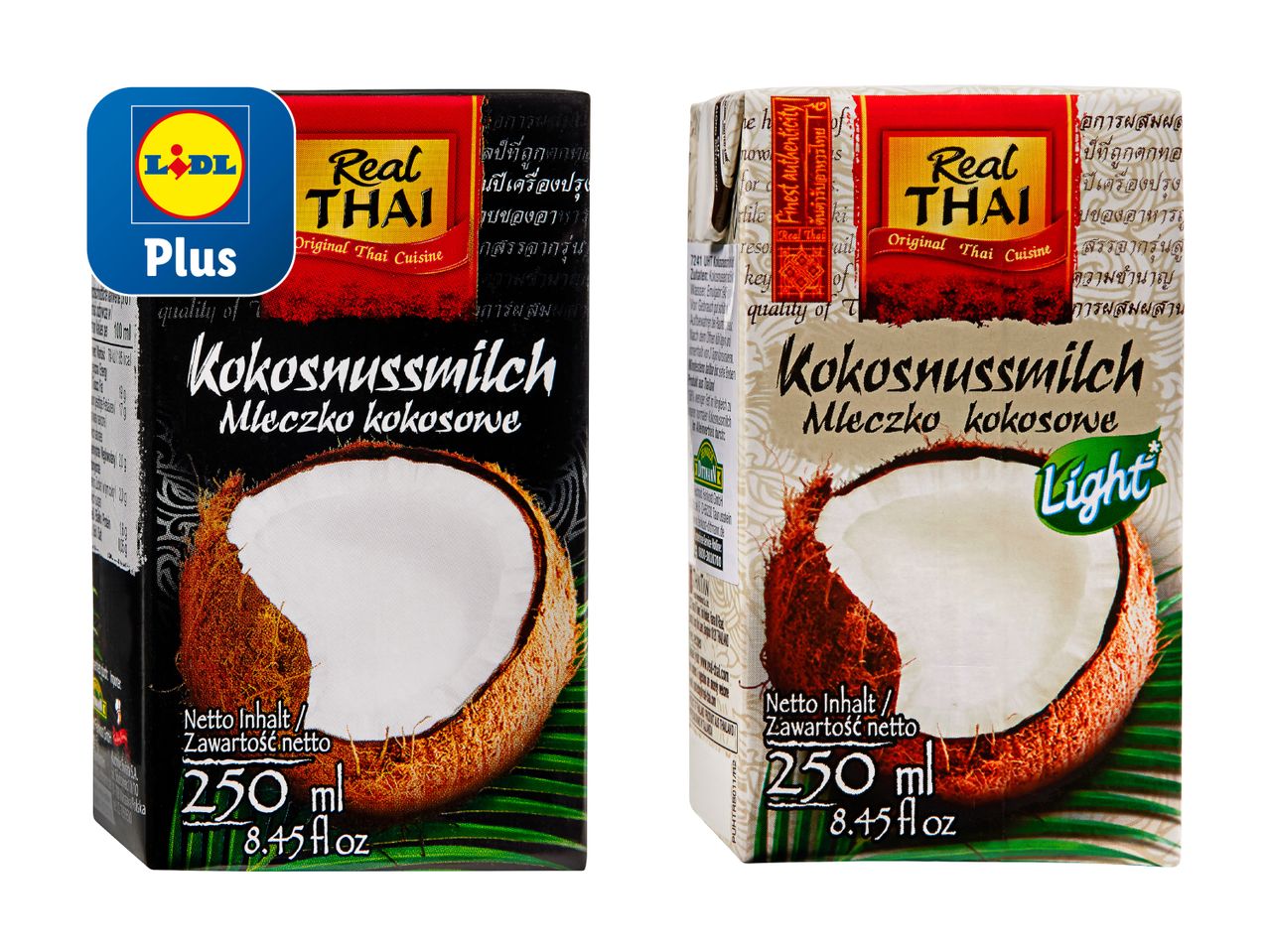 Deux boîtes de lait de coco Thai Kitchen, l'une nature, l'autre sucrée.