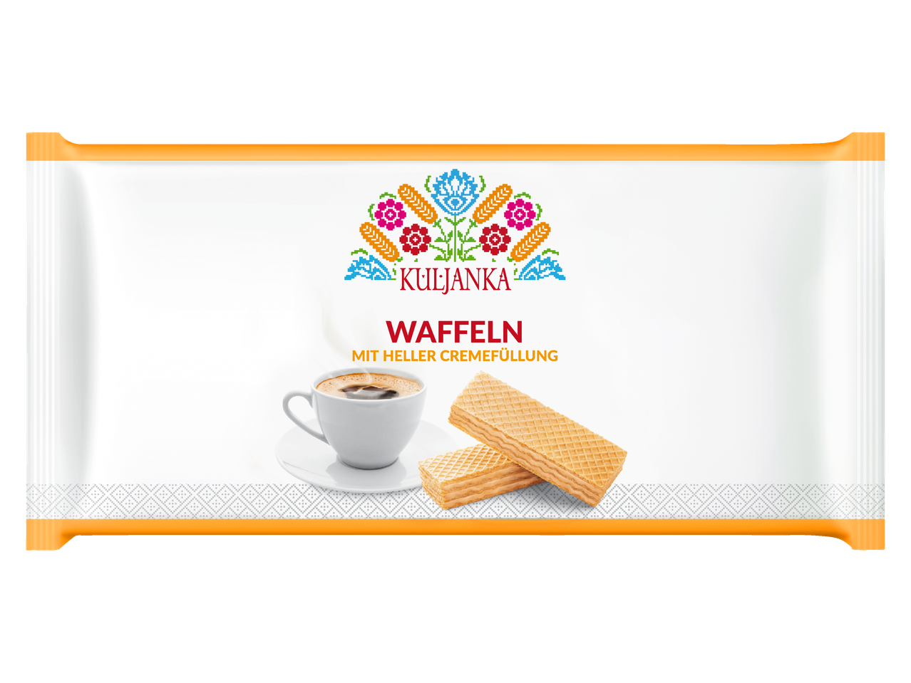 Kuljanka Waffeln mit heller Cremefüllung in einer orangefarbenen Verpackung.