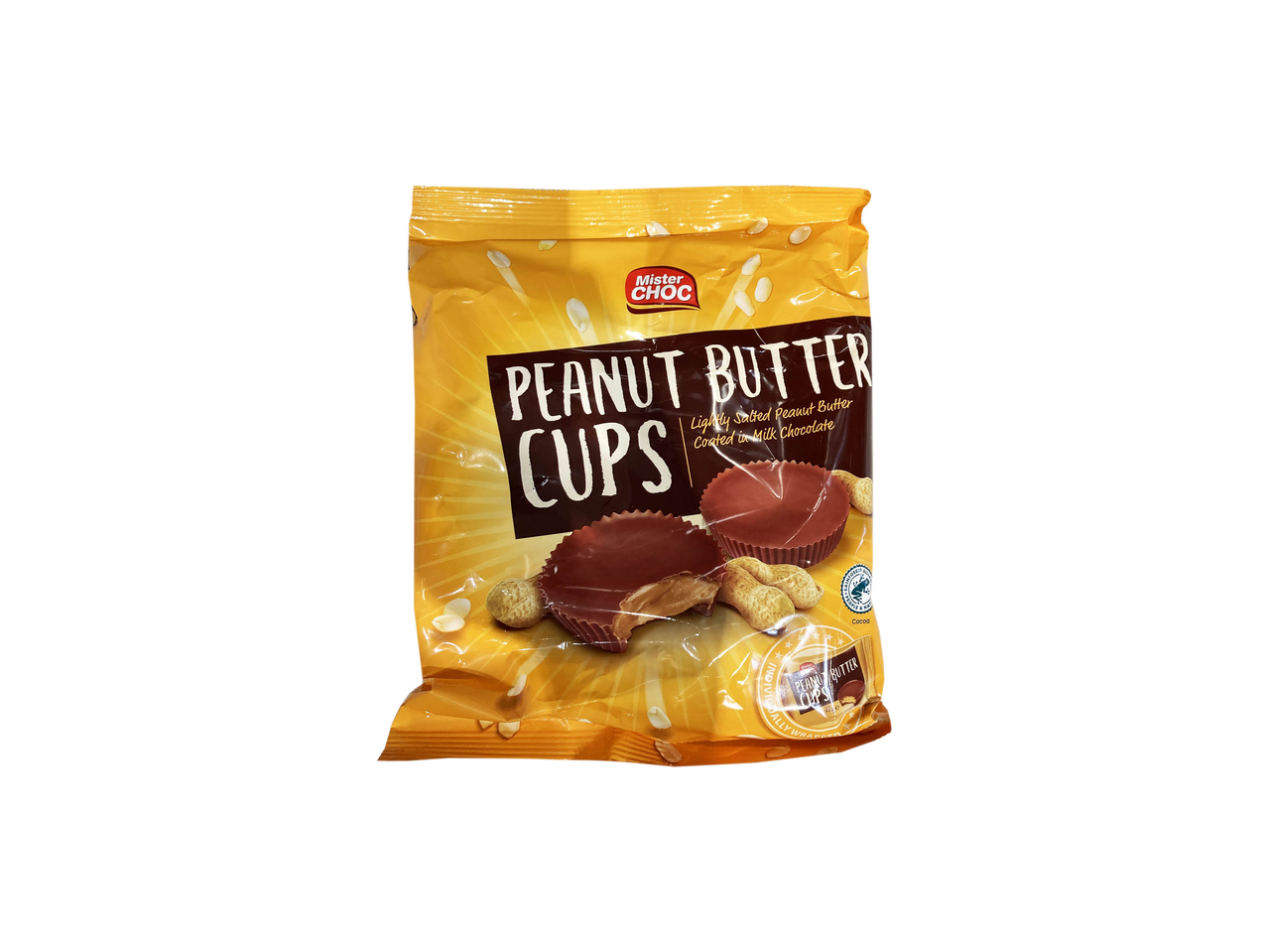 Mister Choc Peanut Butter Cups, lightly salted peanut butter coated in milk chocolate.