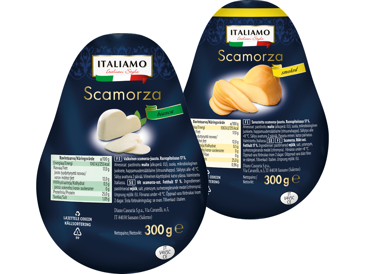 Två förpackningar med Italiamos Scamorza-ost, en vit och en rökt.
