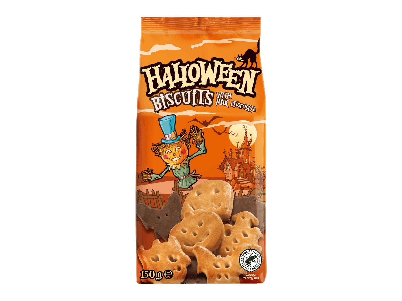 Pussi Halloween-keksejä maitosuklaalla, paino 150 g.