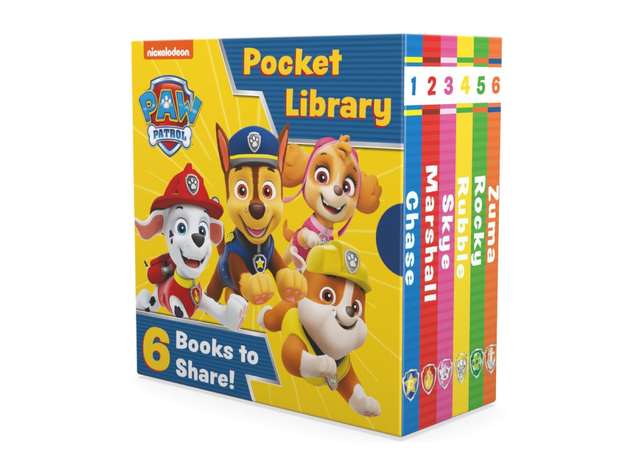 Paw Patrol Pocket Library with 6 books featuring characters like Chase, Marshall, and Skye.