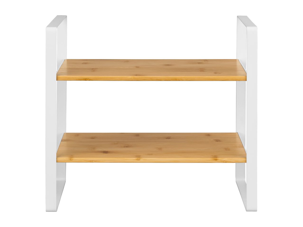 Two-tier bamboo and white metal shelf, ideal for kitchen or bathroom storage.