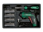 Screwdriver set with an electric screwdriver, manual screwdriver, and various bits in a black case.
