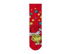 Red Grinch-themed Christmas socks with ornaments