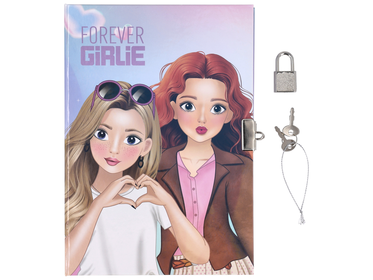 Journal intime avec deux filles de dessin animé et un cadenas avec des clés.