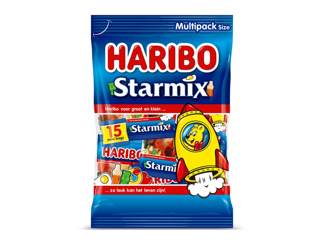 Een multipack met 15 mini-zakjes fruitgom in verschillende vormen, waaronder beertjes en eieren, met een beer in een raket.