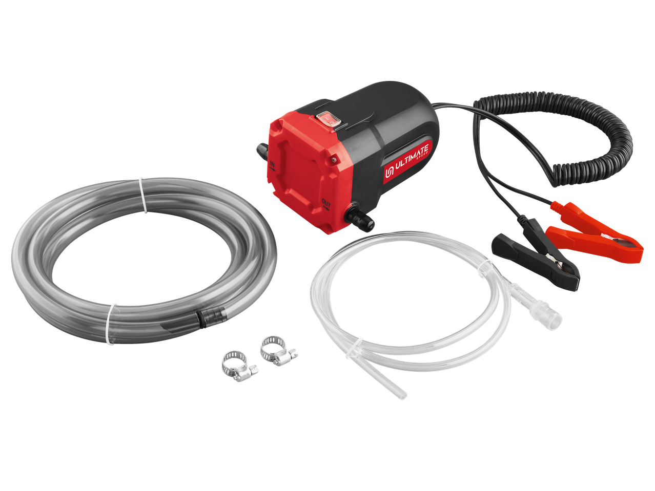 ULTIMATE SPEED® 12V Oil Pump with hoses, clamps, and battery clips.