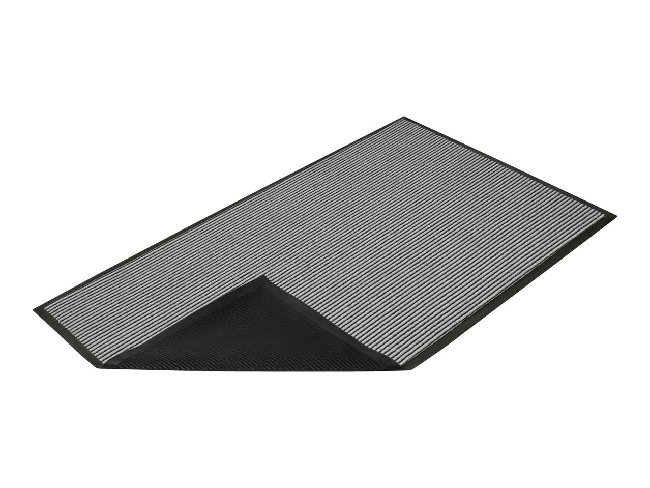 Grey and black striped doormat with a non-slip backing