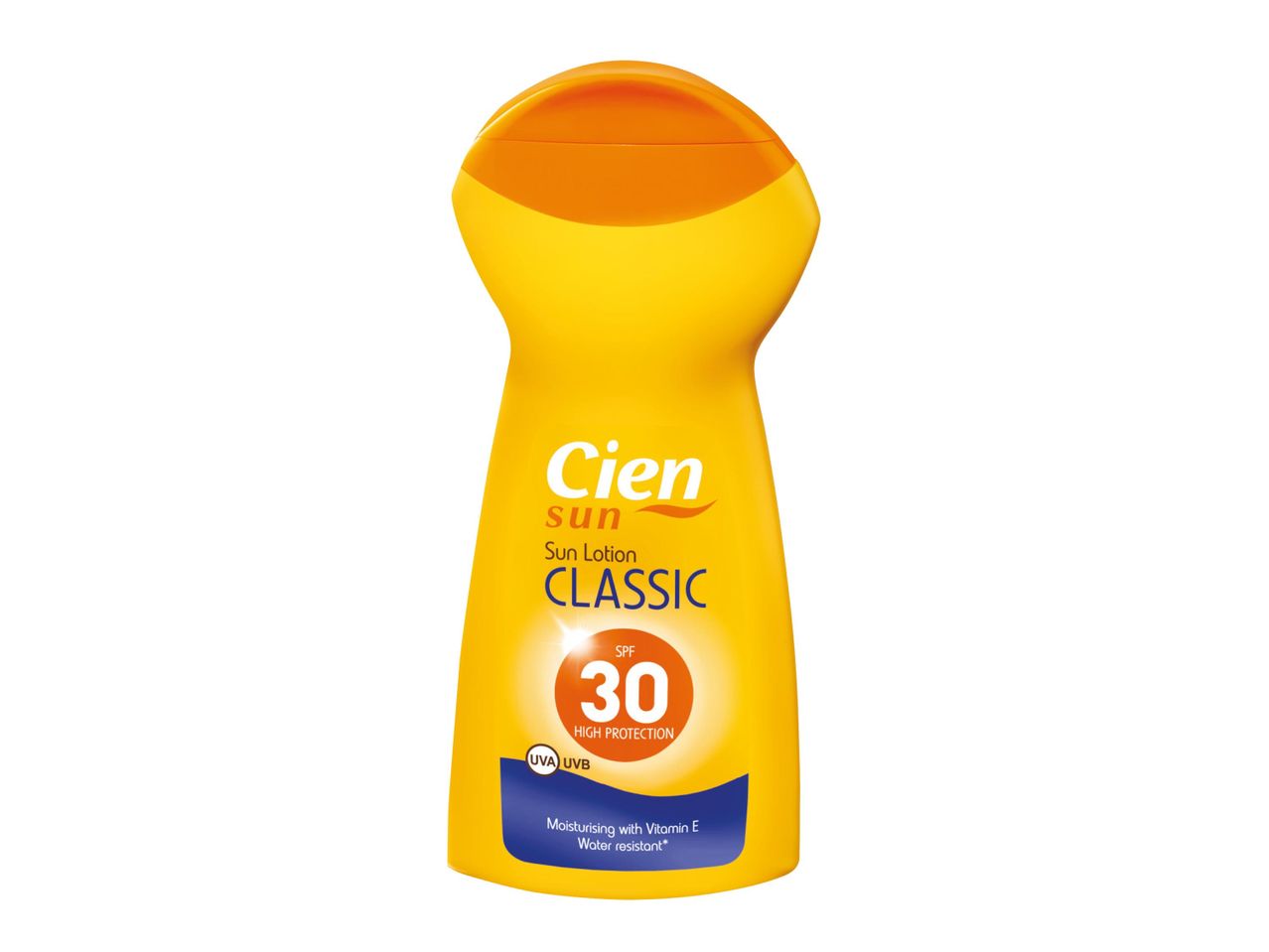 Cien Sun Classic SPF 30 sun lotion: high protection, moisturising with Vitamin E, water resistant.