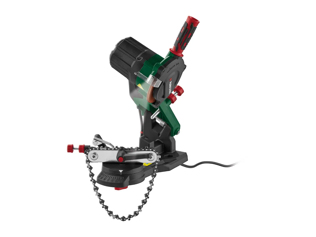 Parkside electric chainsaw sharpener with a chain guide and grinding wheel.