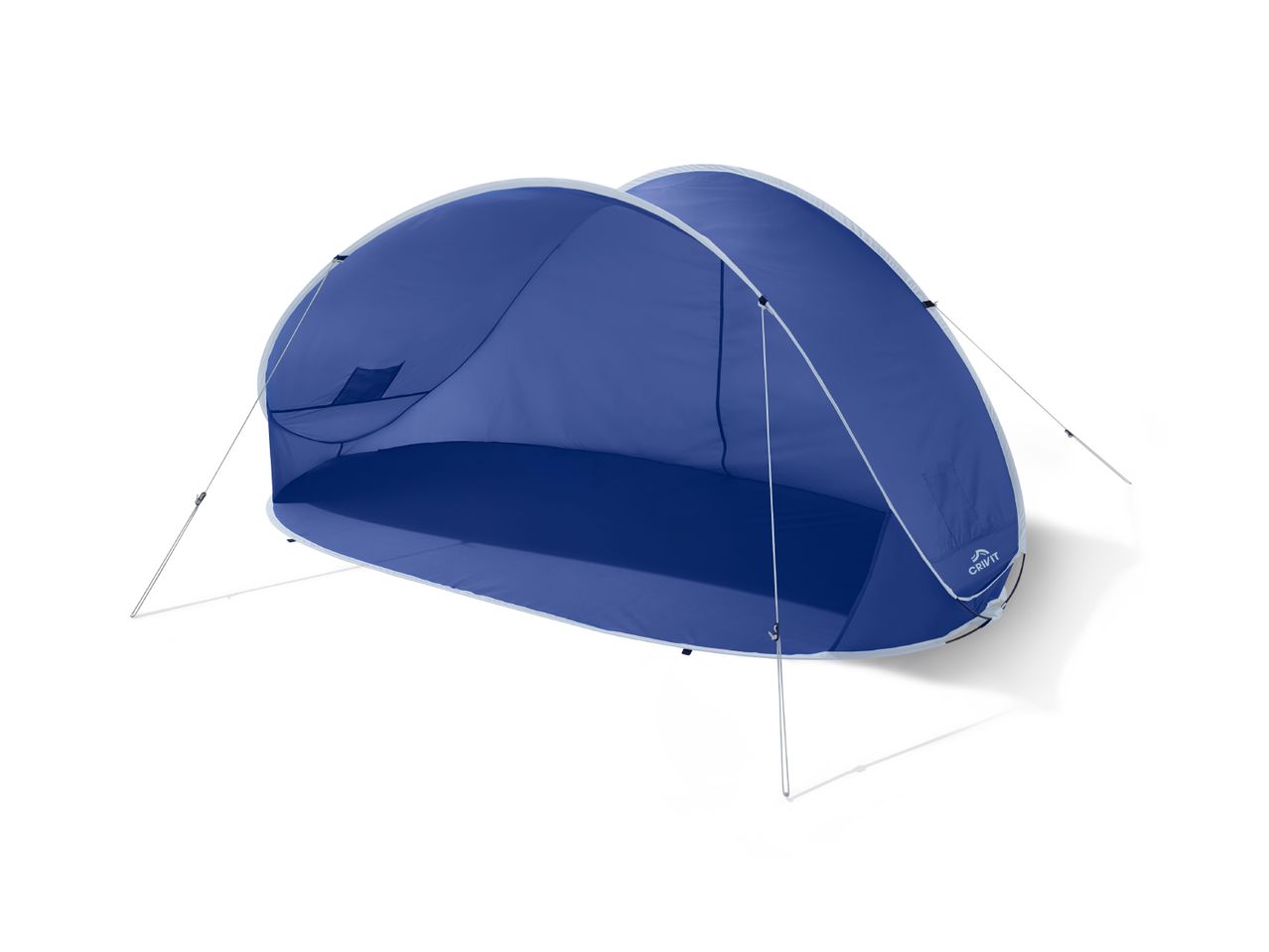 Blue beach shelter with white trim and guy lines, providing shade and protection.