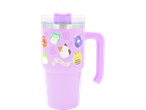 A purple Squishmallows 20oz tumbler with a straw and handle.