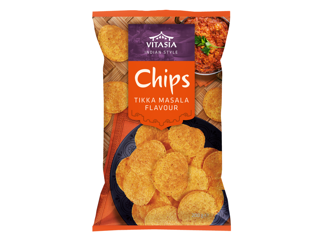 Vitasia Indijos stiliaus Tikka Masala skonio traškučiai maišelyje.