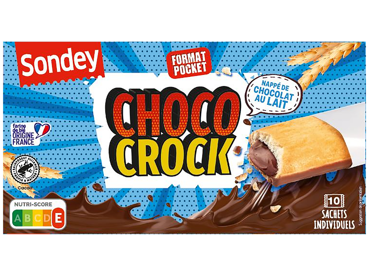 Boîte de gâteaux Choco Crock avec 10 sachets individuels, fourrés au chocolat au lait.
