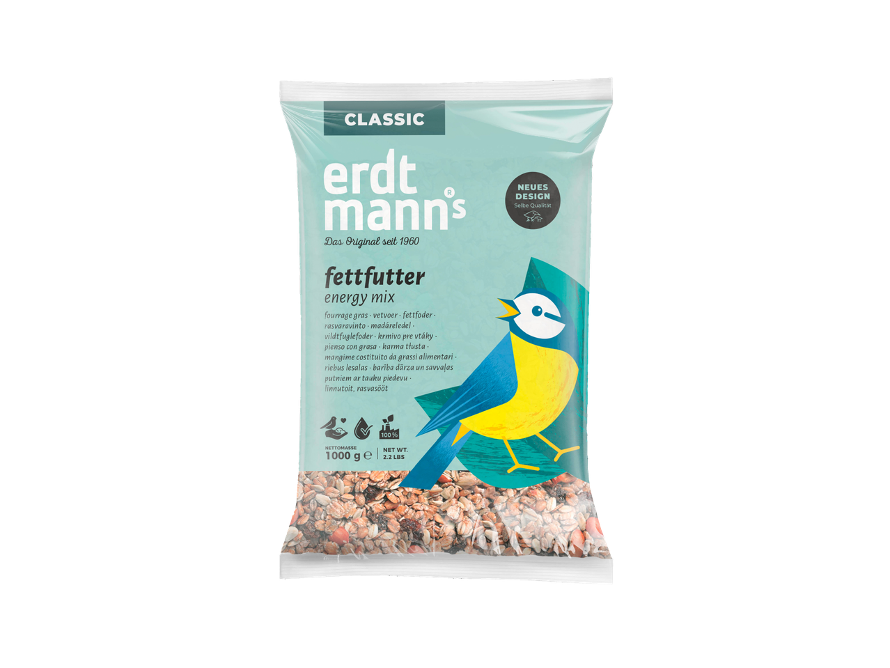 A bag of Erdtmann's Classic Wild Bird Energy Mix, featuring a blue and yellow bird illustration.