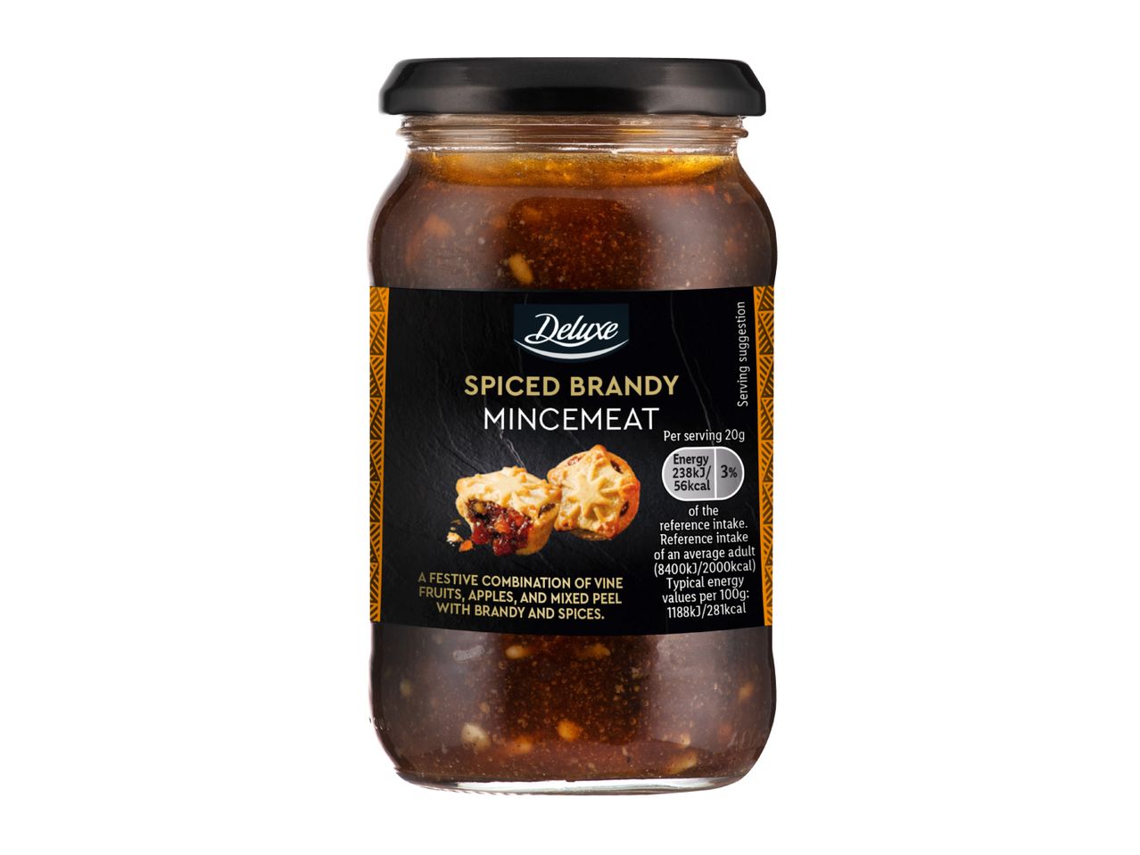 Jar of spiced brandy mincemeat with a label showing two mince pies and nutritional information.