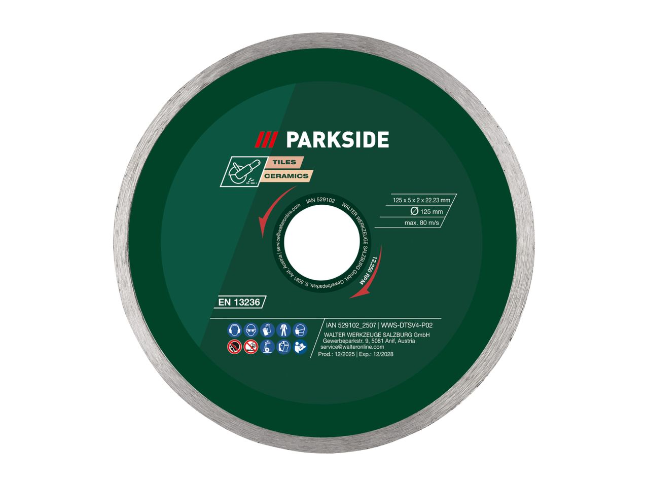 Diamond cutting disc for tiles and ceramics, 125mm diameter, max 80 m/s, 12,250 RPM.