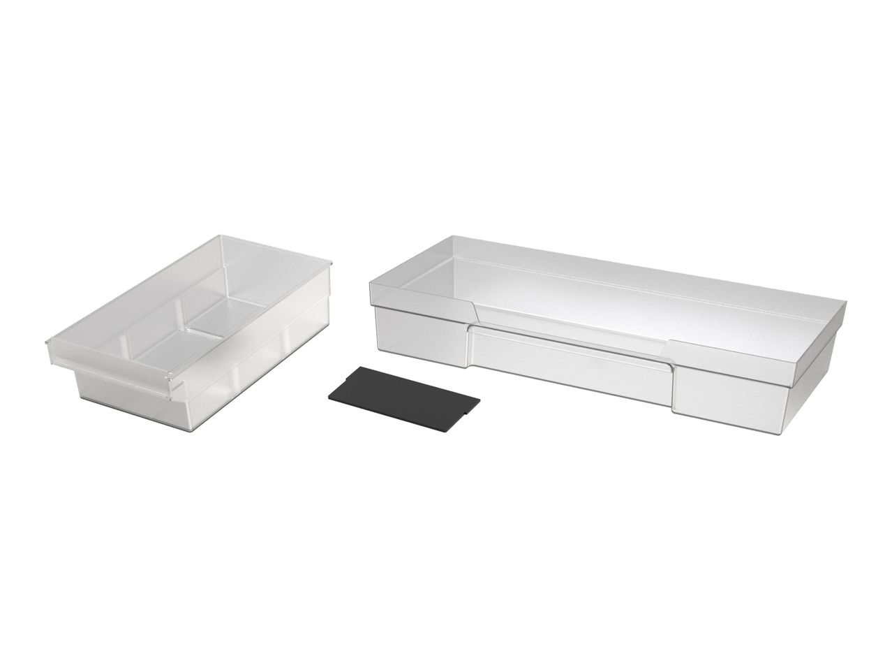 Two clear plastic storage containers with a black divider