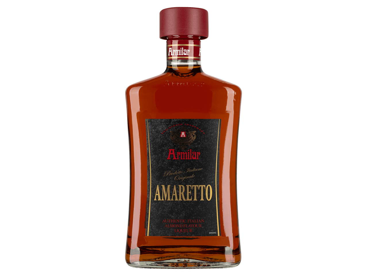 Mandula ízű olasz amaretto likőr elegáns üvegben, fekete alapon.