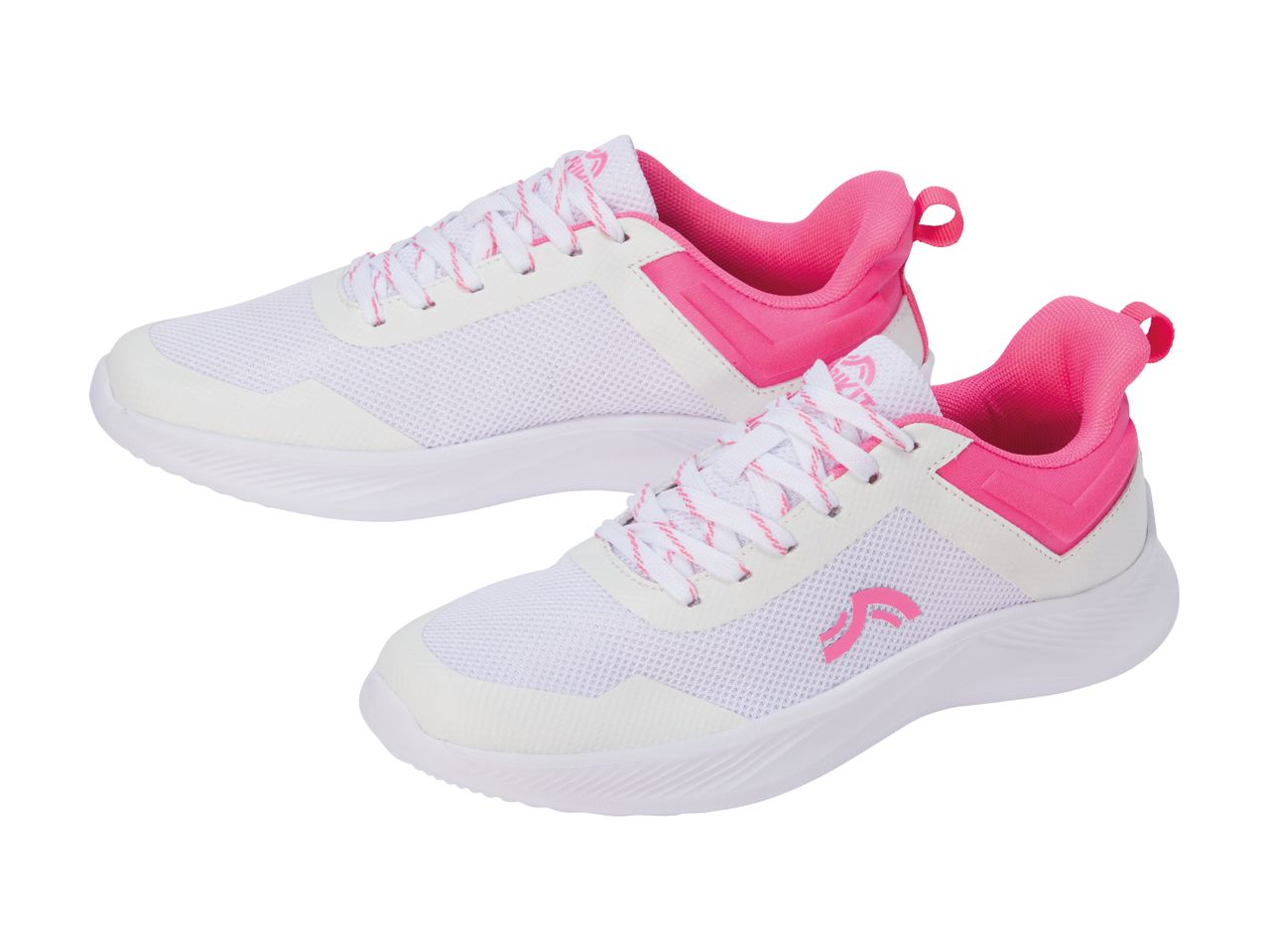 Pair of white and pink athletic shoes with white laces and pink accents