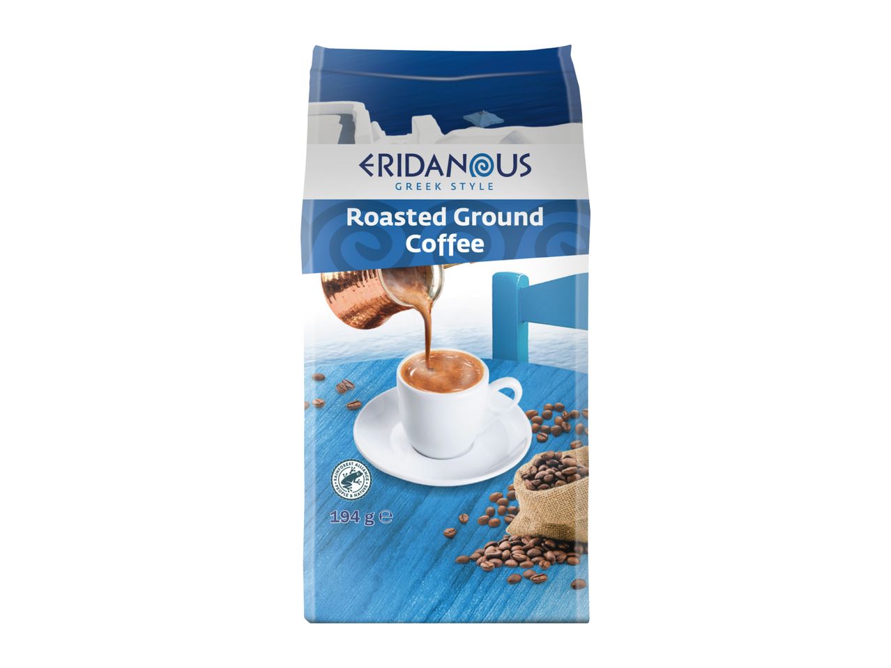 Eridanous Greek Style Roasted Ground Coffee bag with coffee being poured into a cup.