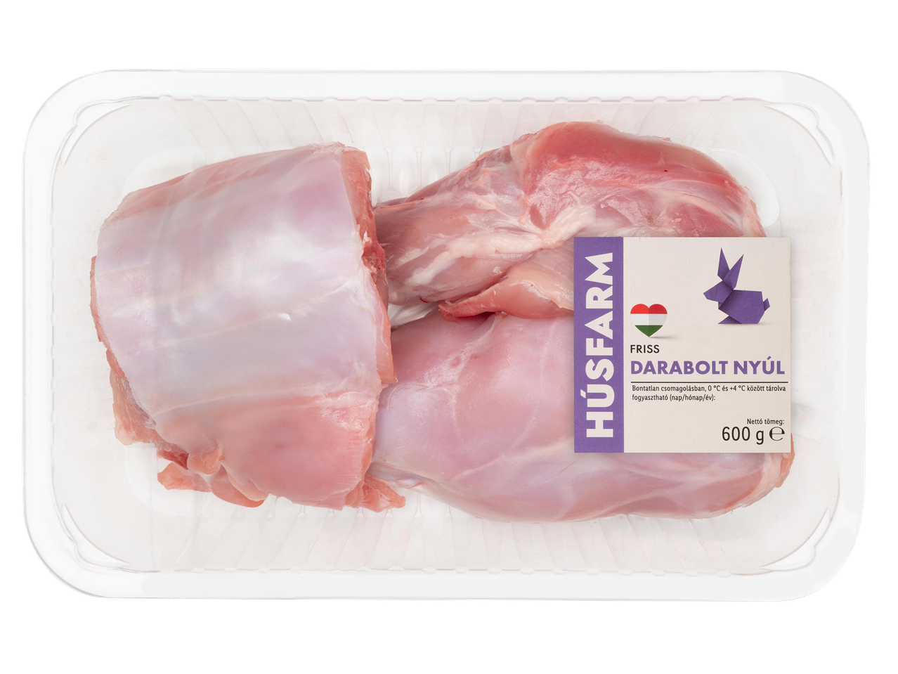 Friss darabolt nyúl hús, 600g-os kiszerelésben, átlátszó tálcán.