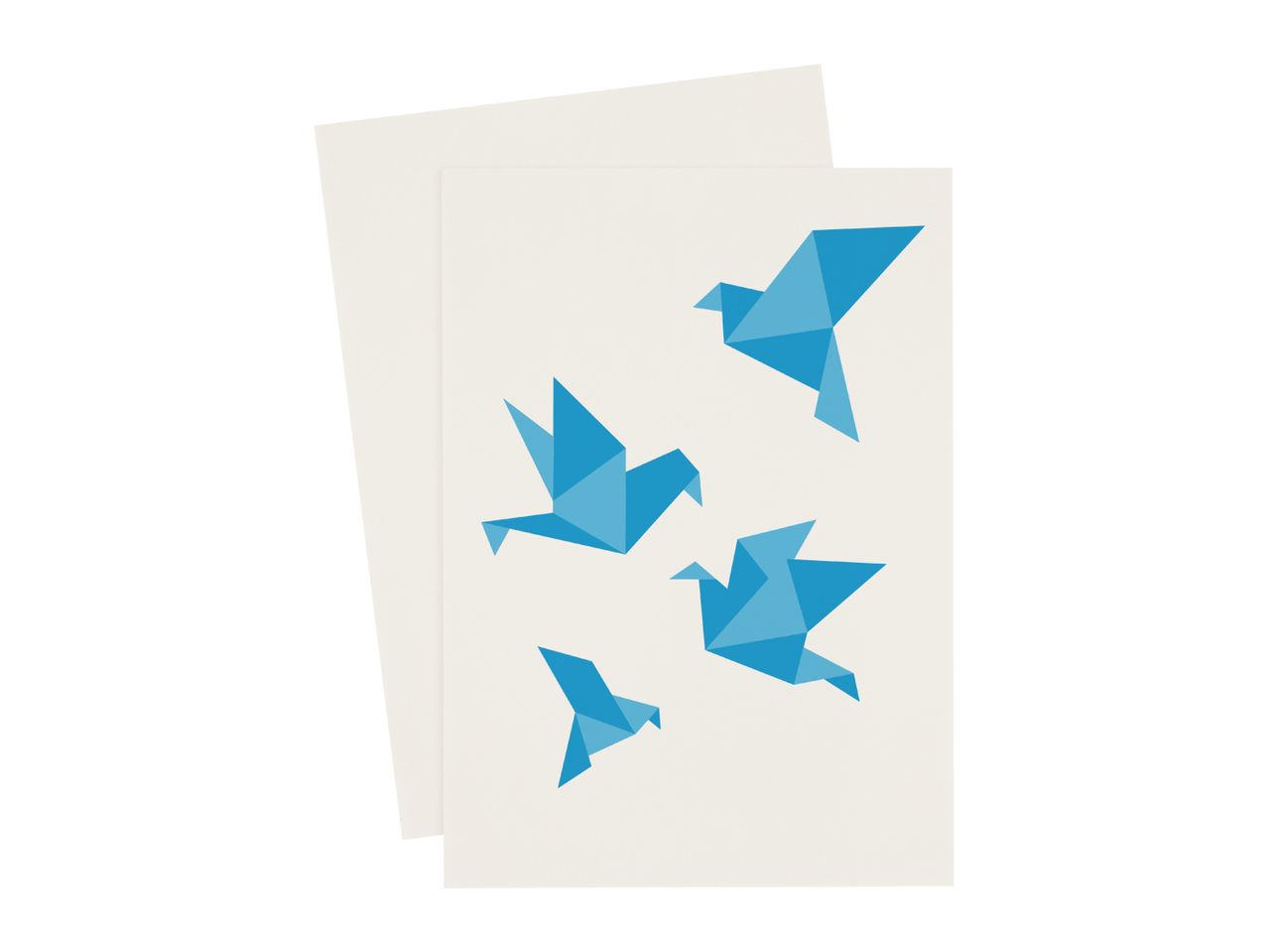 Four origami birds on a beige card, with a second sheet of paper layered behind.