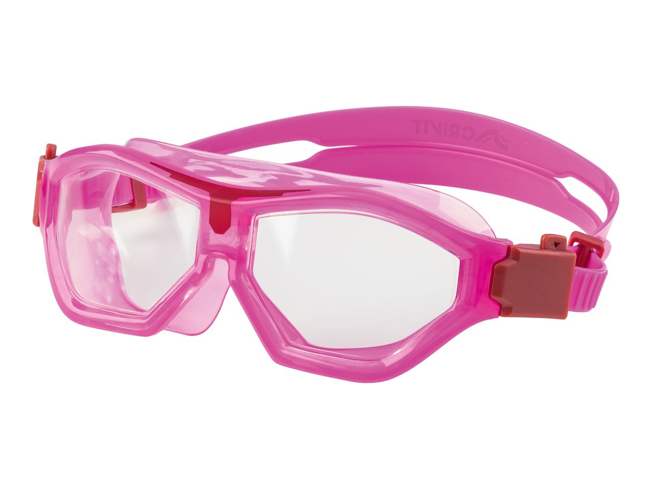 Pink swimming goggles with clear lenses and red adjustable straps