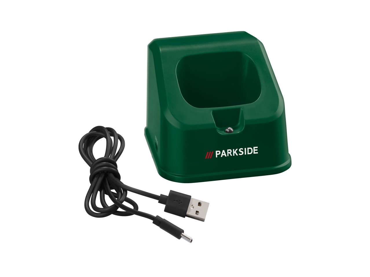 Зелена зарядна станция Parkside с USB кабел.