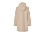 A beige rain jacket with a hood, viewed from the back.
