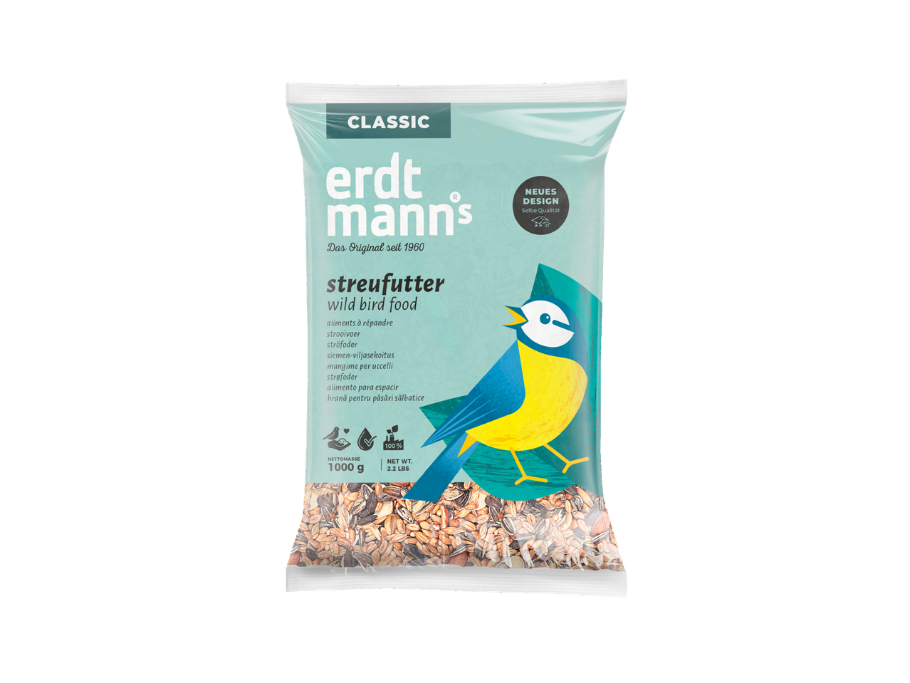 Erdtmann's Classic wild bird food in a bag with a blue tit illustration.