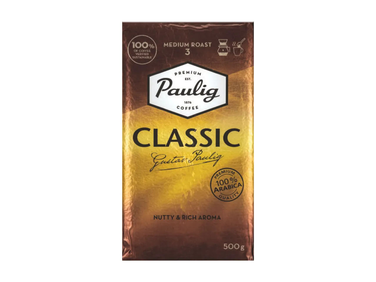 Paulig Classic kavos pakuotė su užrašu 'Nutty & Rich Aroma' ir '100% Arabica Quality'.